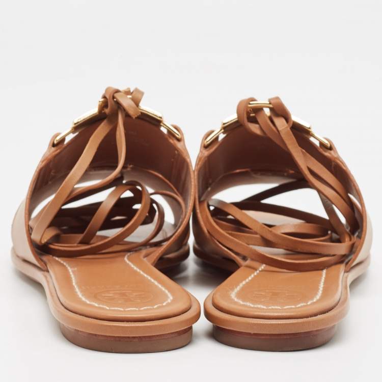 Pre Owned Tory Burch Brown Leather Gemini Link Flat Sandals Size 37.5