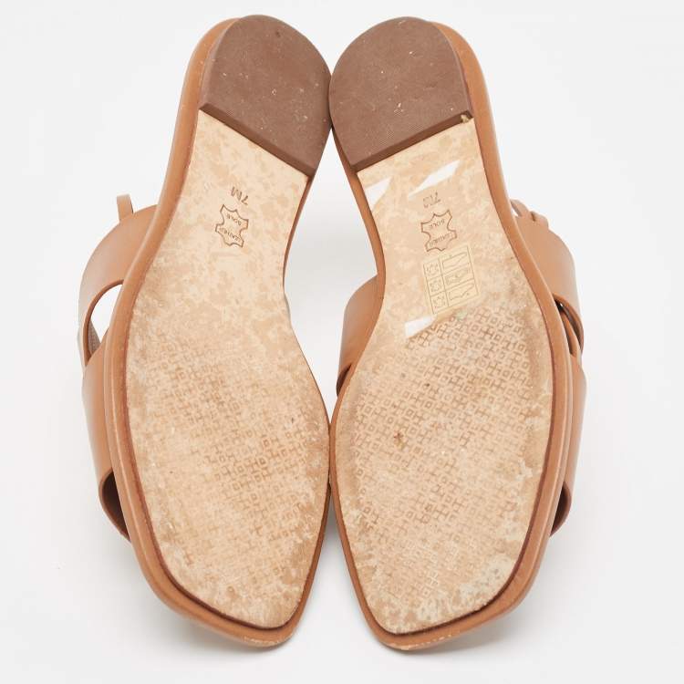 Pre Owned Tory Burch Brown Leather Gemini Link Flat Sandals Size 37.5