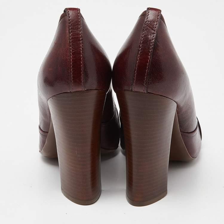 Pre Owned Tory Burch Burgundy Leather Chain Detail Block Heel Pumps Size 39.5