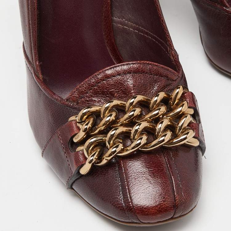 Pre Owned Tory Burch Burgundy Leather Chain Detail Block Heel Pumps Size 39.5
