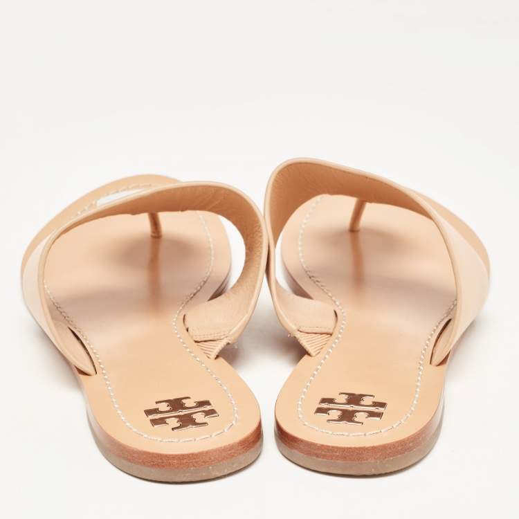 Pre Owned Tory Burch Peach Pink Leather Patos Disk Thong Flats Size 40