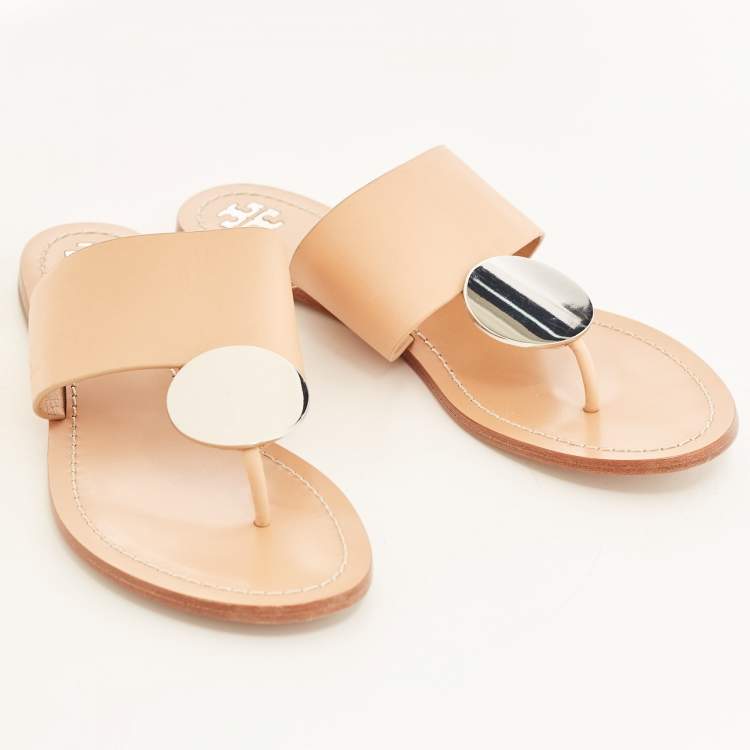 Pre Owned Tory Burch Peach Pink Leather Patos Disk Thong Flats Size 40