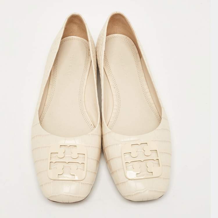 Pre Owned Tory Burch Cream Croc Embossed Leather Georgia Ballet Flats Size 38.5