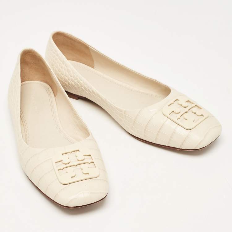 Pre Owned Tory Burch Cream Croc Embossed Leather Georgia Ballet Flats Size 38.5