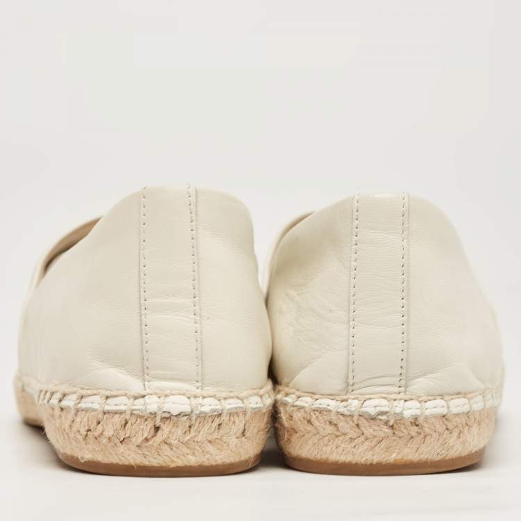 Pre Owned Tory Burch Off White/Black Leather Logo Cap Toe Espadrille Flats Size 41