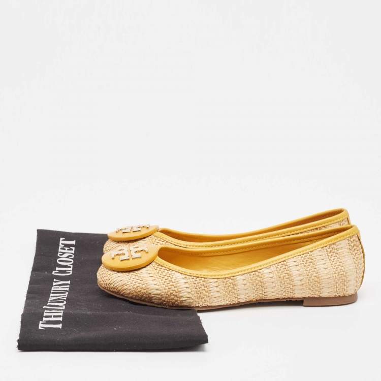Pre Owned Tory Burch Beige/Yellow Raffia and Leather Reva Ballet Flats Size 35.5
