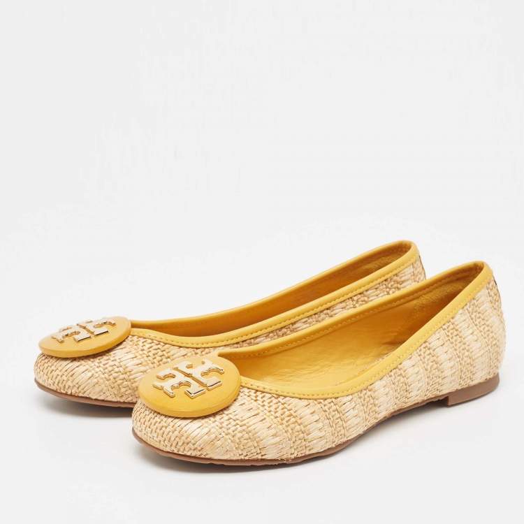 Pre Owned Tory Burch Beige/Yellow Raffia and Leather Reva Ballet Flats Size 35.5