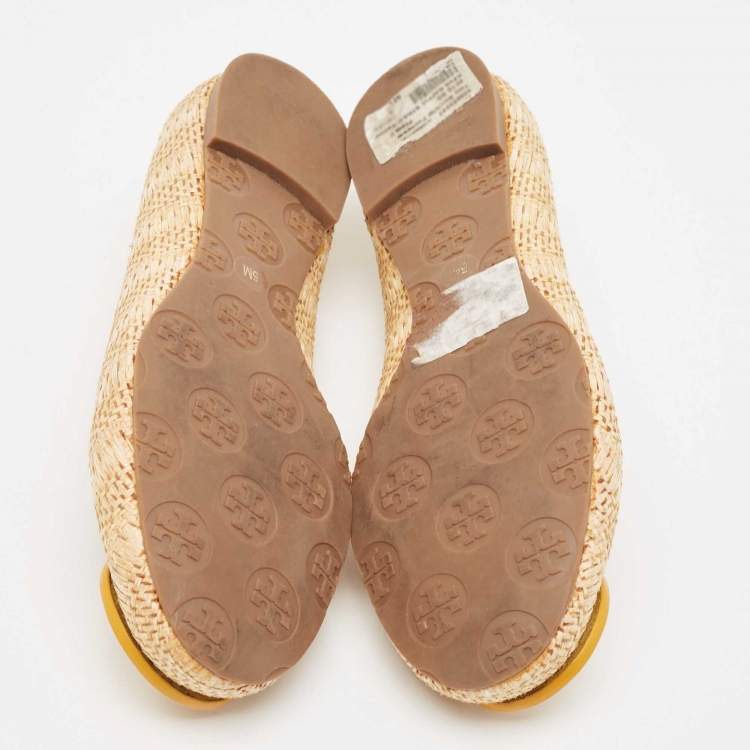 Pre Owned Tory Burch Beige/Yellow Raffia and Leather Reva Ballet Flats Size 35.5