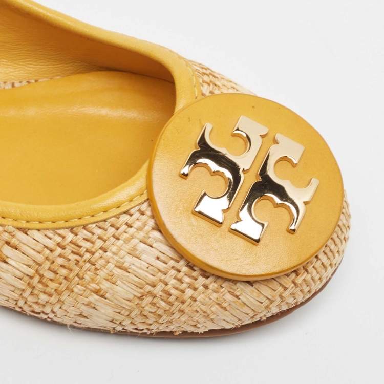 Pre Owned Tory Burch Beige/Yellow Raffia and Leather Reva Ballet Flats Size 35.5