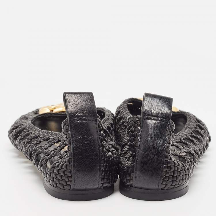 Pre Owned Tory Burch Black Woven Leather Eleanor Ballet Flats Size 36.5