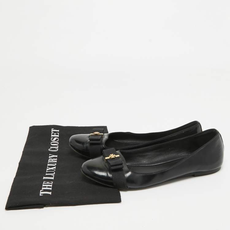 Pre Owned Tory Burch Black Patent Leather Bow Ballet Flats Size 39