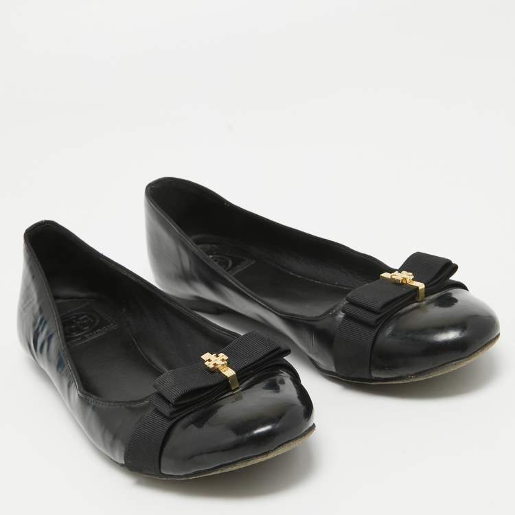 Pre Owned Tory Burch Black Patent Leather Bow Ballet Flats Size 39