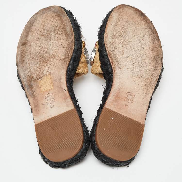Pre Owned Tory Burch Beige Raffia Crystal Embellished Flat Slides Size 36.5