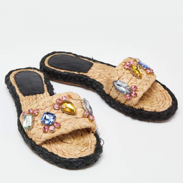 Pre Owned Tory Burch Beige Raffia Crystal Embellished Flat Slides Size 36.5