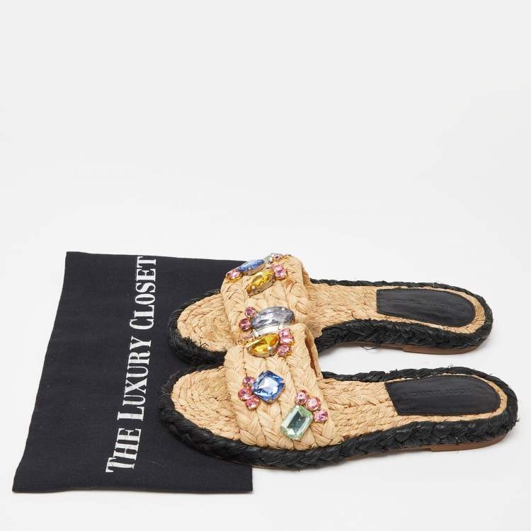 Pre Owned Tory Burch Beige Raffia Crystal Embellished Flat Slides Size 36.5