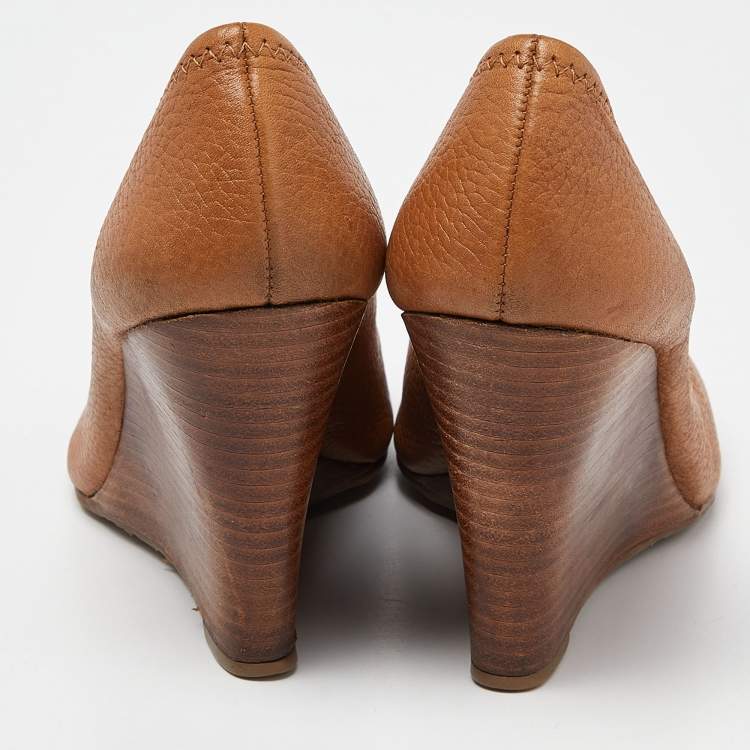 Pre Owned Tory Burch Beige Leather Wedge Pumps Size 37.5