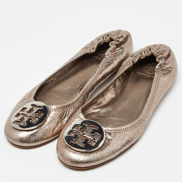 مملوكة مسبقًا Tory Burch Metallic Leather Minnie Ballet Flats Size 40.5