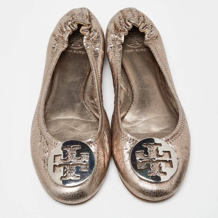 مملوكة مسبقًا Tory Burch Metallic Leather Minnie Ballet Flats Size 40.5