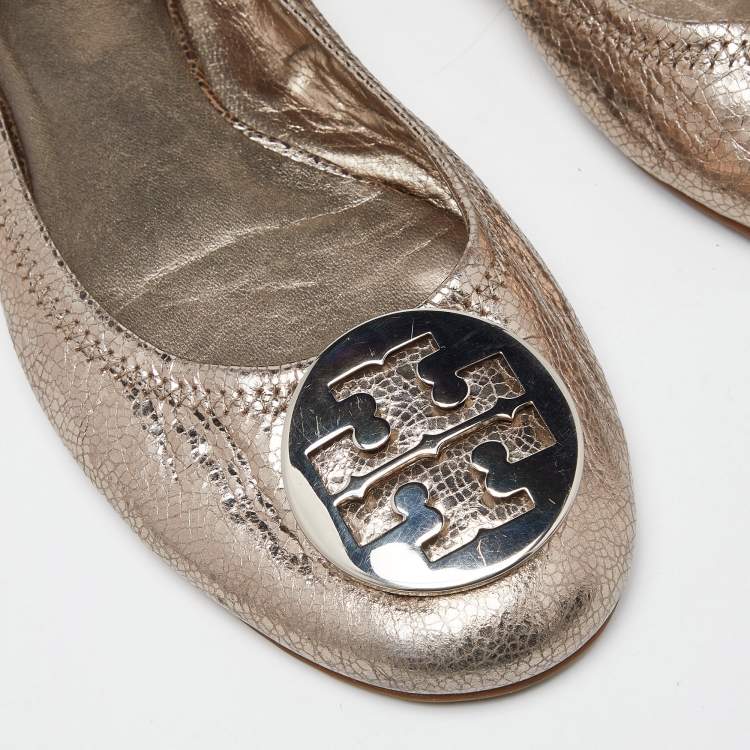 مملوكة مسبقًا Tory Burch Metallic Leather Minnie Ballet Flats Size 40.5