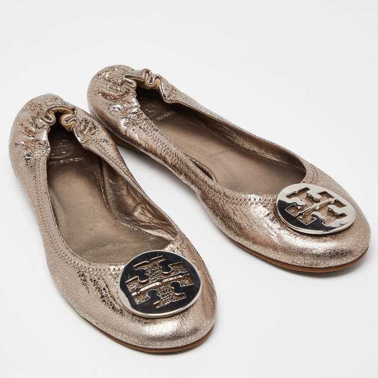 مملوكة مسبقًا Tory Burch Metallic Leather Minnie Ballet Flats Size 40.5