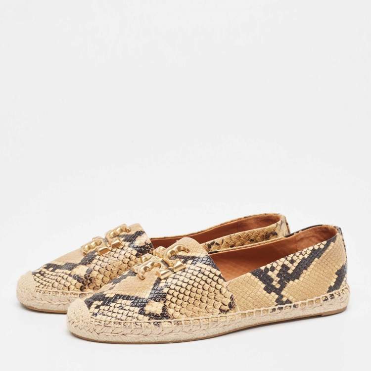 Pre Owned Tory Burch Brown/Beige Python Embossed Minnie Ballet Flats Size 38