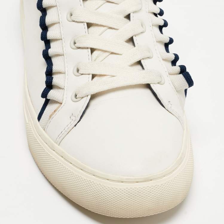 مملوكة مسبقًا Tory Burch White Leather Ruffle Low Top Sneakers Size 38.5