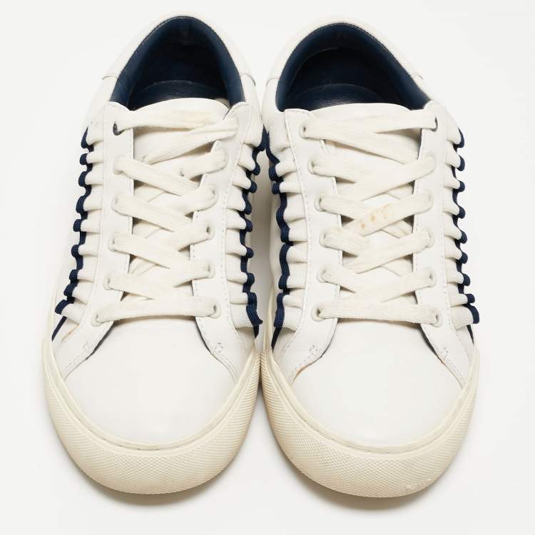 مملوكة مسبقًا Tory Burch White Leather Ruffle Low Top Sneakers Size 38.5
