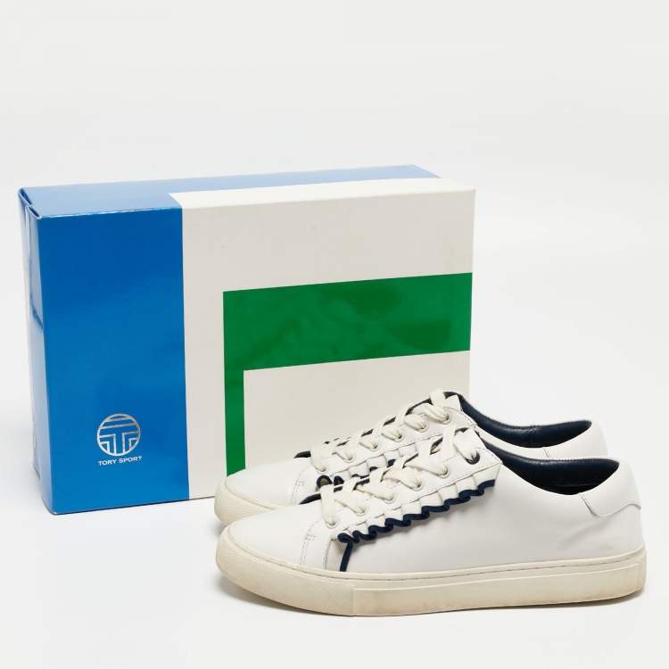 مملوكة مسبقًا Tory Burch White Leather Ruffle Low Top Sneakers Size 38.5