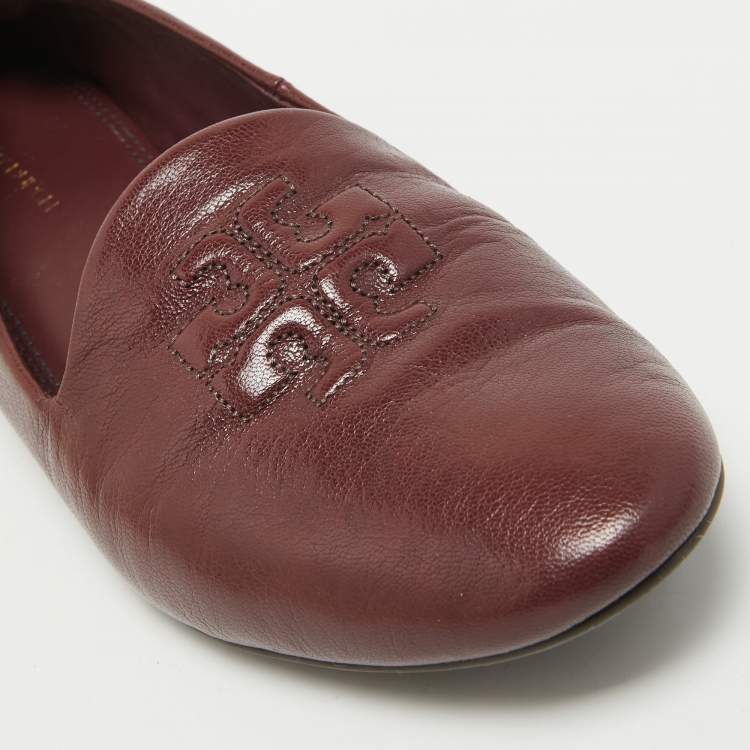 Pre Owned Tory Burch  Burgundy Leather Scrunch Reva Ballet Flats Size 38