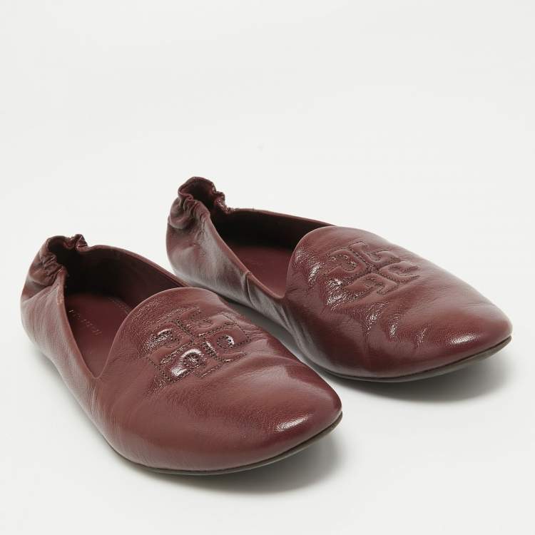 Pre Owned Tory Burch  Burgundy Leather Scrunch Reva Ballet Flats Size 38