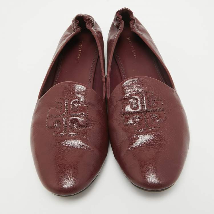 Pre Owned Tory Burch  Burgundy Leather Scrunch Reva Ballet Flats Size 38