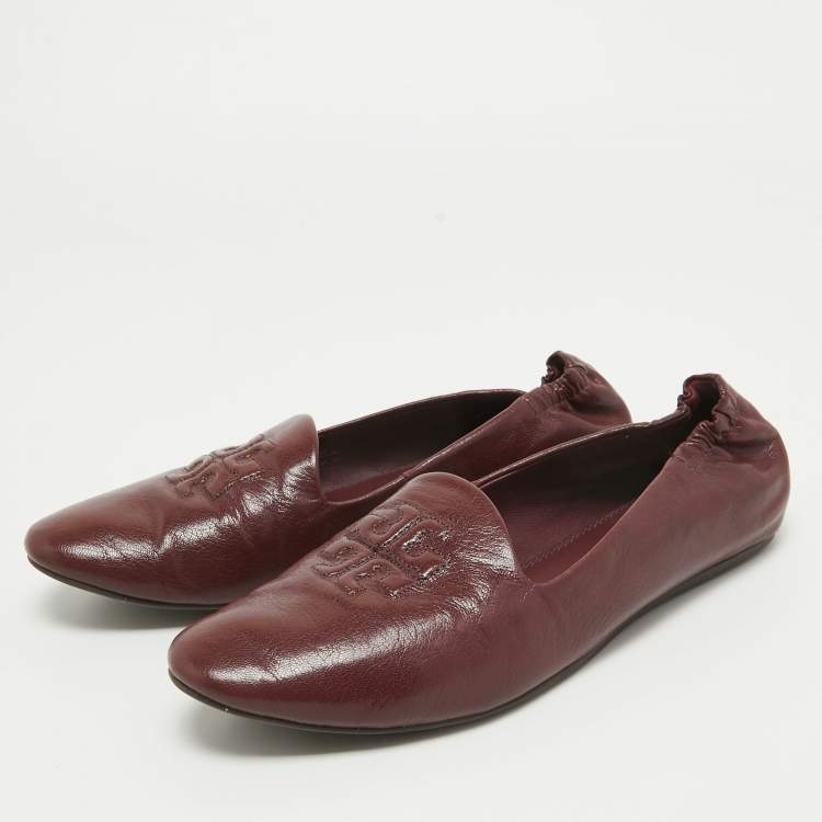 Pre Owned Tory Burch  Burgundy Leather Scrunch Reva Ballet Flats Size 38
