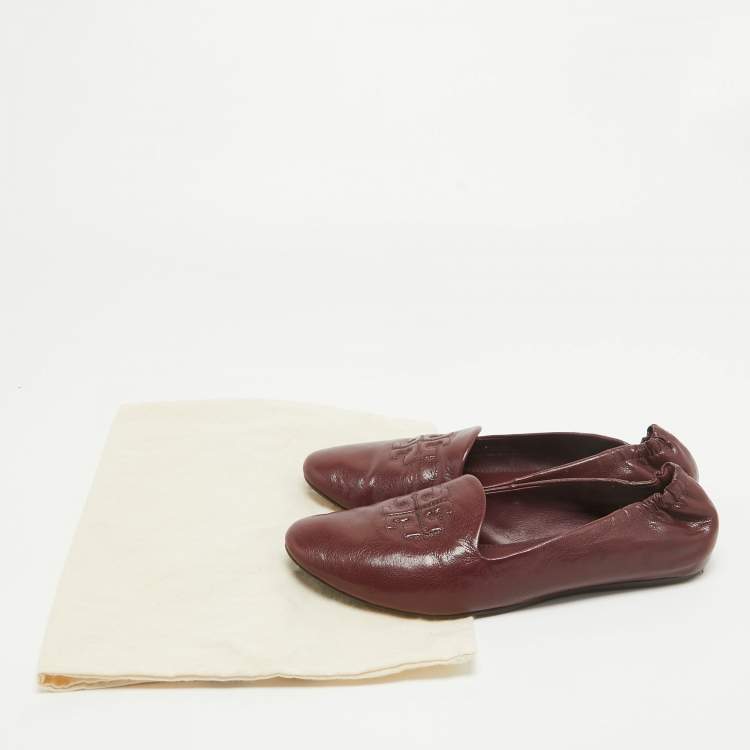 Pre Owned Tory Burch  Burgundy Leather Scrunch Reva Ballet Flats Size 38