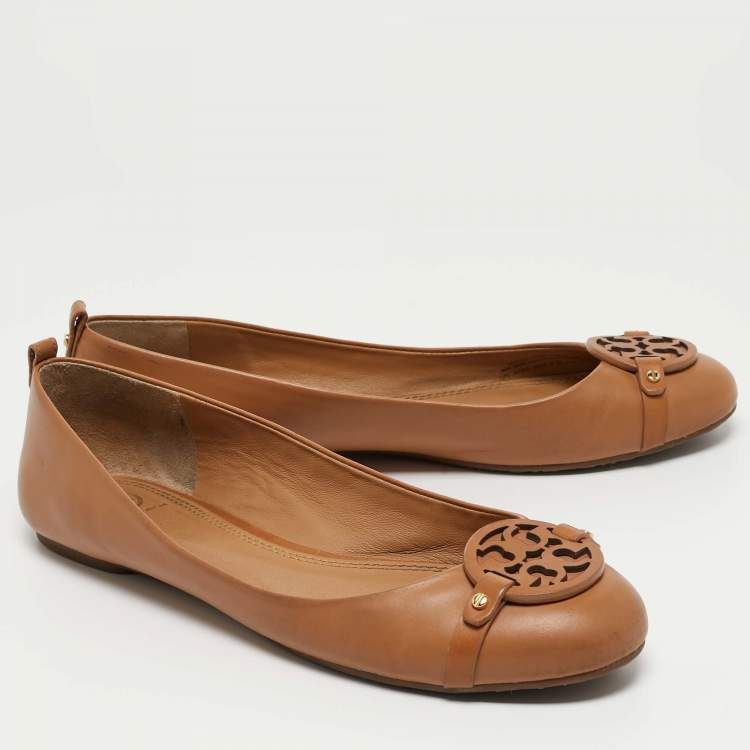 Pre Owned Tory Burch Brown Leather Ballet Flats Size 41 