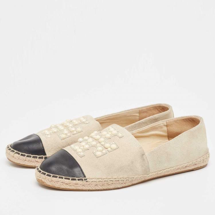 Pre Owned Tory Burch Grey/Black Suede and Leather Pearl Embellished Slip On Espadrilles Flats Size 39