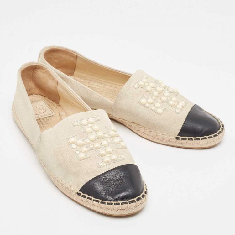 Pre Owned Tory Burch Grey/Black Suede and Leather Pearl Embellished Slip On Espadrilles Flats Size 39
