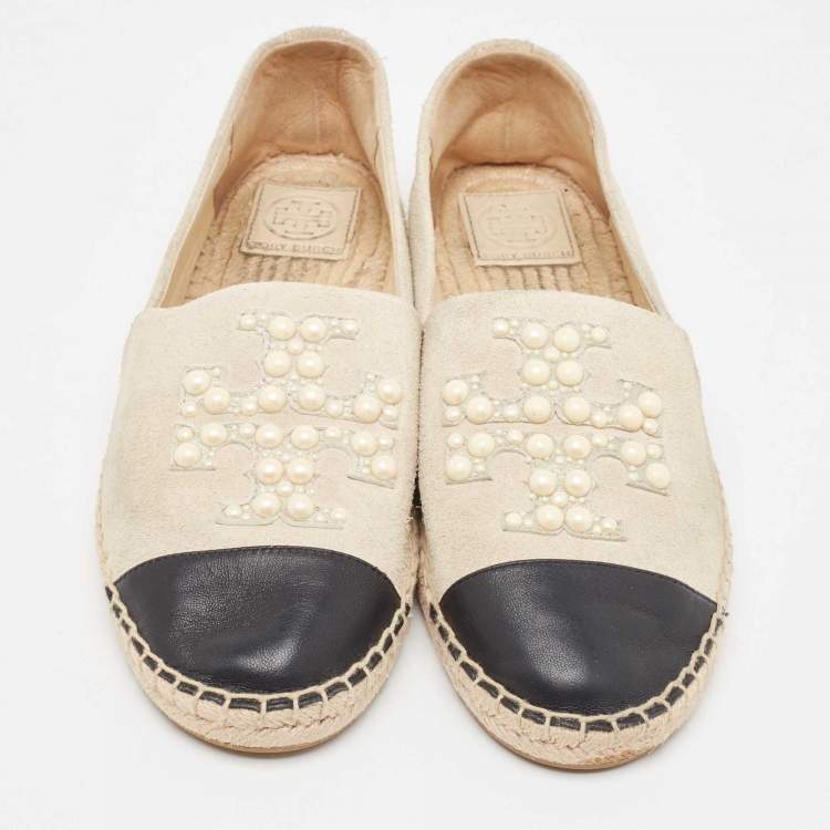 Pre Owned Tory Burch Grey/Black Suede and Leather Pearl Embellished Slip On Espadrilles Flats Size 39