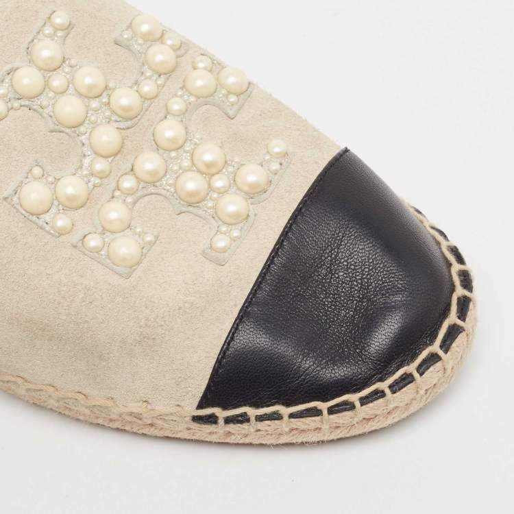 Pre Owned Tory Burch Grey/Black Suede and Leather Pearl Embellished Slip On Espadrilles Flats Size 39