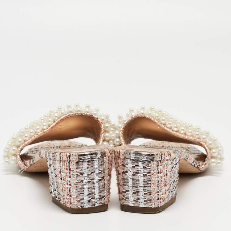 Pre Owned Tory Burch Multicolor Fabric and Tatiana Pearl Slide Sandals Size 39