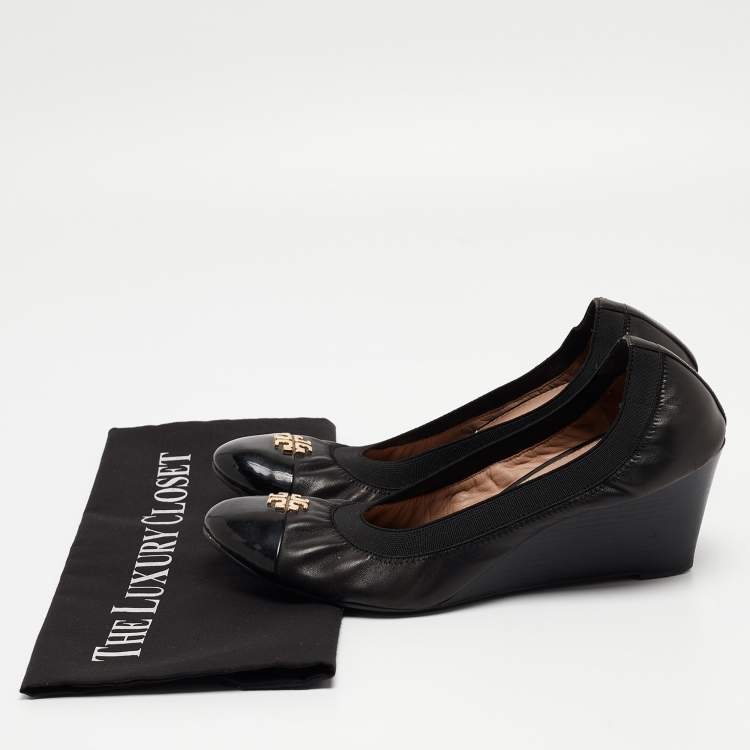 Pre Owned Tory Burch Black Leather Jolie Wedge Cap Toe Pumps Size 40