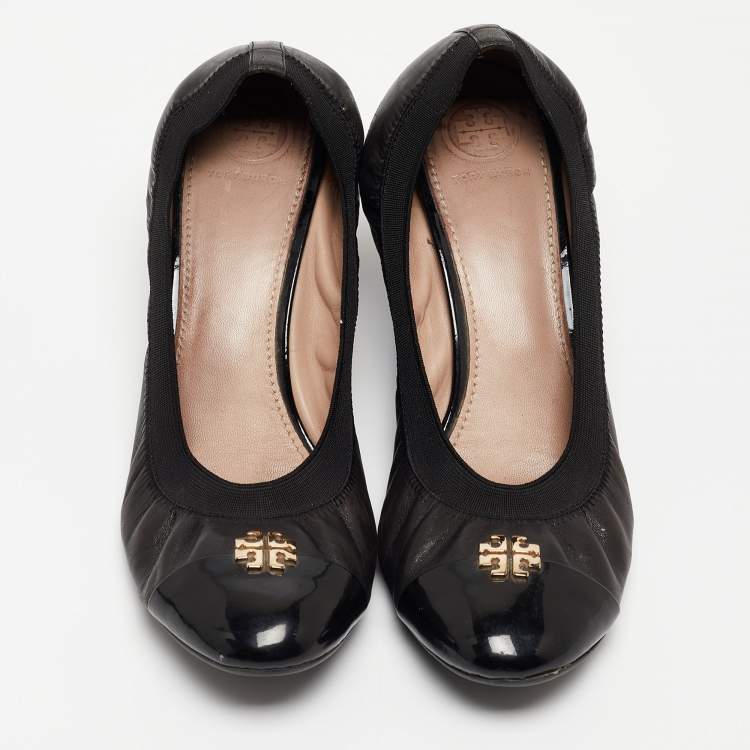 Pre Owned Tory Burch Black Leather Jolie Wedge Cap Toe Pumps Size 40