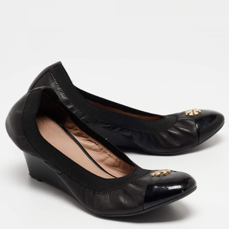 Pre Owned Tory Burch Black Leather Jolie Wedge Cap Toe Pumps Size 40