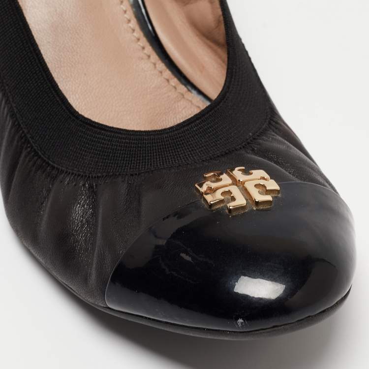 Pre Owned Tory Burch Black Leather Jolie Wedge Cap Toe Pumps Size 40