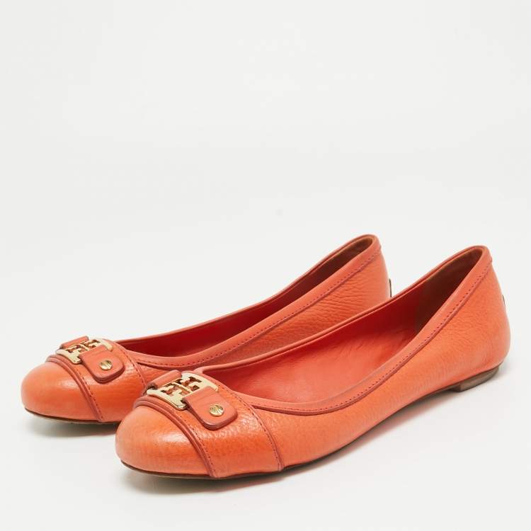 Pre Owned Tory Burch Orange Leather Cline Ballet Flats Size 38.5