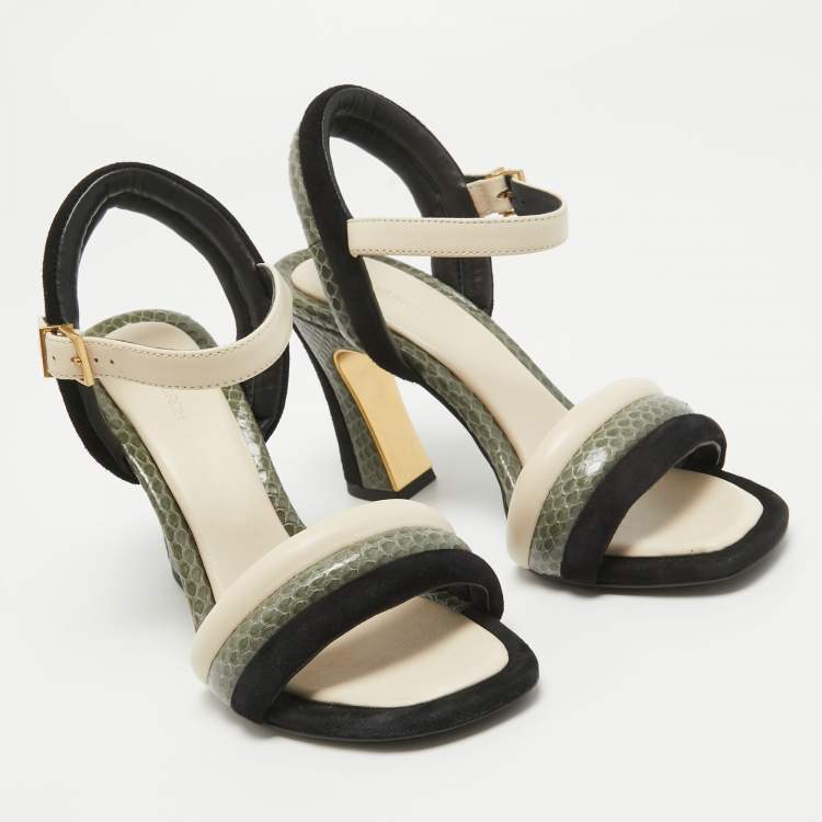 Pre Owned Tory Burch Tricolor Suede and Embossed Snakeskin Puffed Up Sandals Size 37.5
