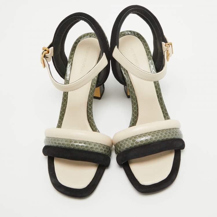 Pre Owned Tory Burch Tricolor Suede and Embossed Snakeskin Puffed Up Sandals Size 37.5