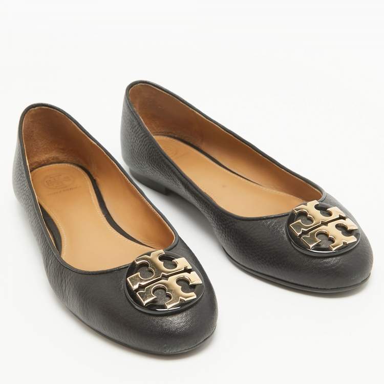 Pre Owned Tory Burch Black Leather Claire Ballet Flats Size 37.5