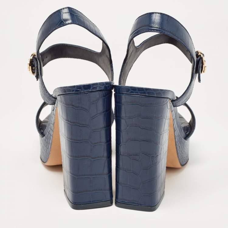 Pre Owned Tory Burch Navy Blue Croc Embossed Leather Martine Platform Sandals Size 39