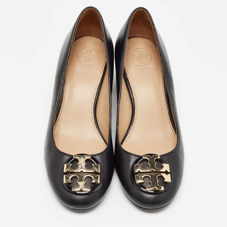 Pre Owned Tory Burch Black Leather Block Heel Pumps Size 35.5