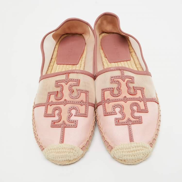 Pre Owned Tory Burch Pink Leather and Mesh Espadrille Flats Size 37